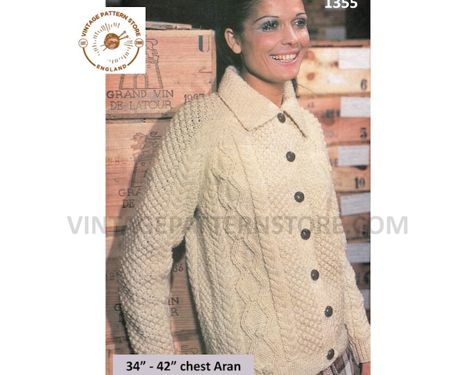 Ladies Womens 70s vintage round neck collared cable cabled raglan aran cardigan jacket pdf knitting pattern 34" to 42" chest Download 1355