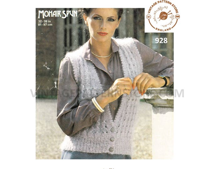 Ladies Womens 80s vintage deep V neck picot edge cabled sleeveless mohair cardigan waistcoat pdf knitting pattern 32" to 38" Download 928