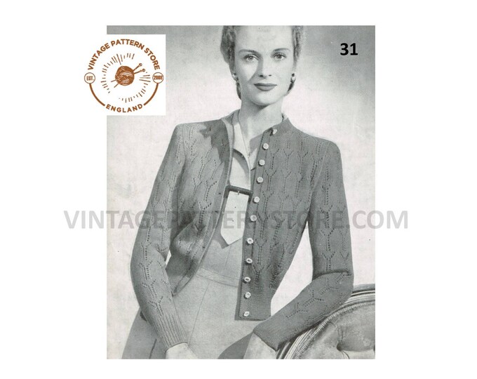 Ladies Womens 40s vintage 3 ply round neck lacy raglan cardigan pdf knitting pattern 34" chest Instant PDF download 31