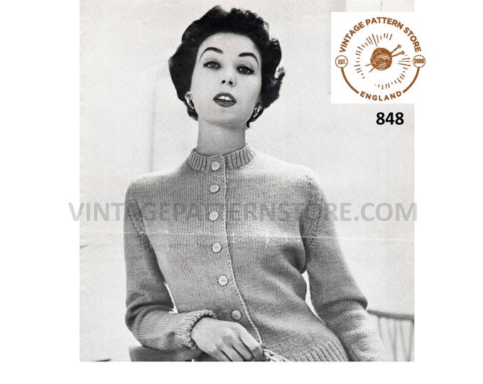 Ladies Womens 50s vintage plain quick & simple easy to knit crew neck raglan DK cardigan pdf knitting pattern 32" to 42" chest Download 848