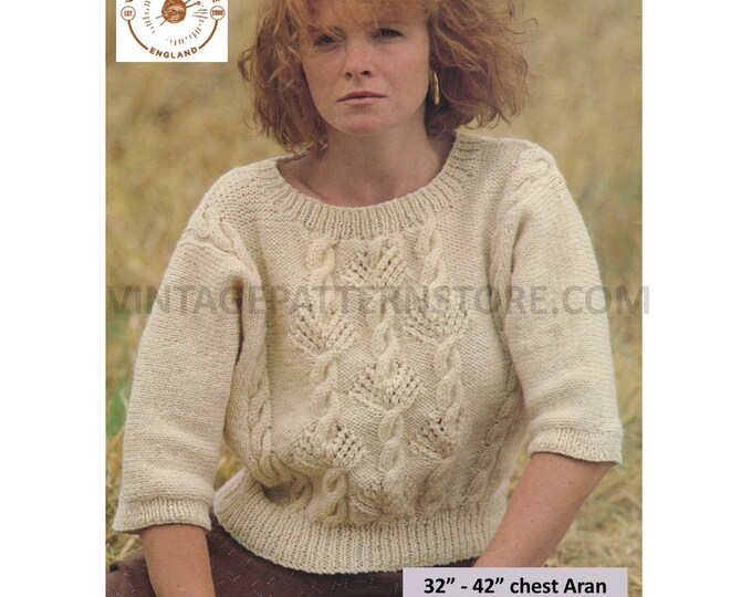 Ladies Womens 90s round neck cable panel cabled short sleeve dolman aran sweater jumper pdf knitting pattern 32" to 42" chest Download 3201
