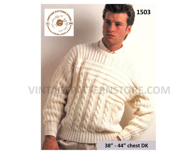 Mens Mans 90s crew neck cable cabled drop shoulder DK dolman sweater jumper pdf knitting pattern 38" to 44" chest Instant PDF Download 1503