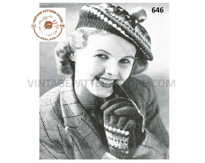 Ladies Womens 40s vintage 3 ply fair isle gloves and beret hat pdf knitting pattern 6.5" palm size Instant PDF Download  646