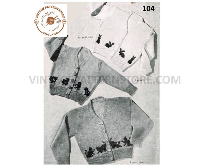 Toddlers Boys Girls 60s vintage 3 ply rabbit chick chicken cat kitten V neck raglan cardigan pdf knitting pattern 22" to 24" Download 104