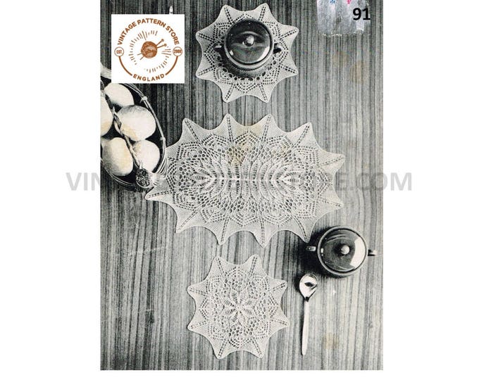 60s vintage knitted leaf lace and star edged oval & round doily doilies table mat cheval dressing table set pdf knitting pattern Download 91