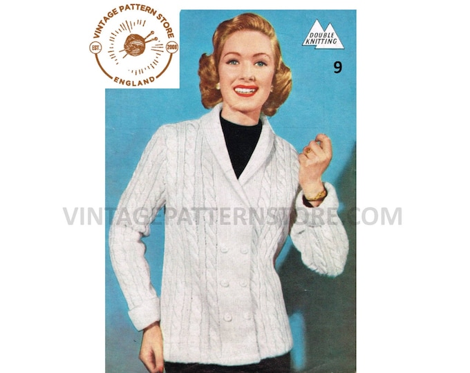 Ladies Womens 50s vintage DK shawl collar double breasted cable cabled cardigan jacket pdf knitting pattern 34" to 36" chest PDF download 9