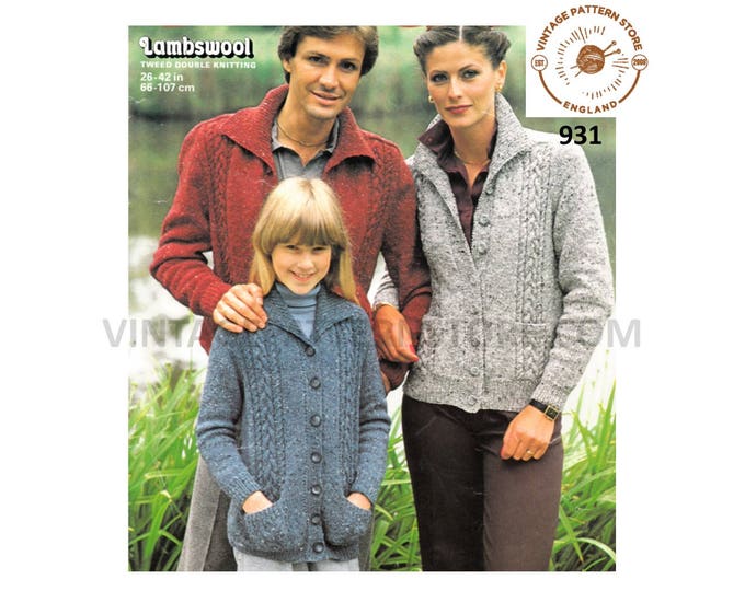 Ladies Womens Mens Boys Girls 70s vintage family cabled cable panel raglan DK jacket cardigan pdf knitting pattern 26" to 42" Download 931