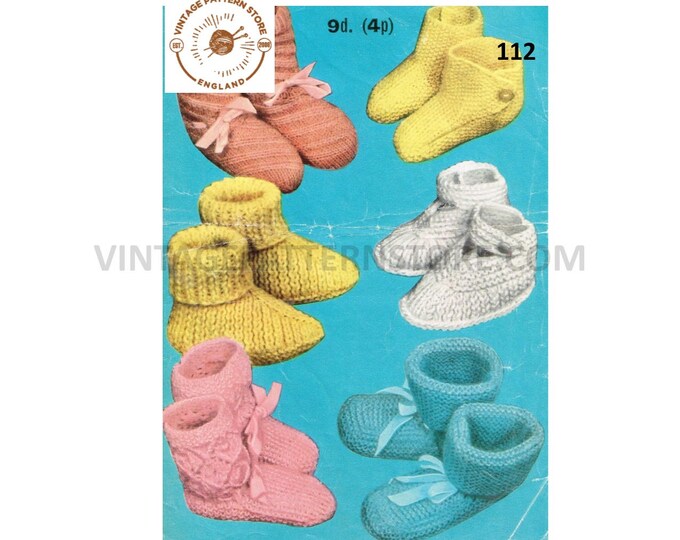 Baby Babies 50s vintage easy to knit 3 ply and DK booties bootees slippers pdf knitting pattern Newborn to 12 Mths Instant PDF Download 112