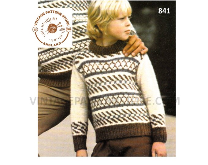 Boys Mens 70s vintage crew neck chunky knit fair isle banded raglan sweater jumper pullover pdf knitting pattern 26" to 42" PDF download 841