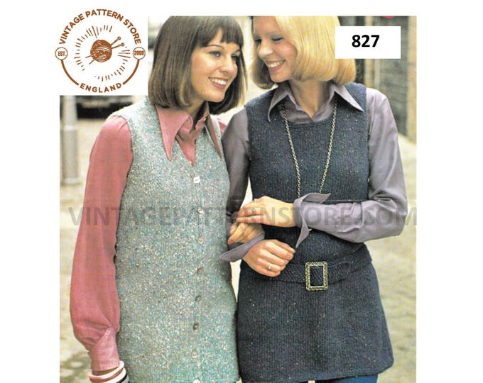 Ladies Womens 70s easy to knit round neck aran tunic sweater dress & V neck long line waistcoat pdf knitting pattern 32" to 38" Download 827