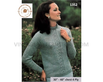 Ladies Womens 70s vintage 4 ply crew neck lacy lace panel DK raglan sweater jumper pdf knitting pattern 30" to 40" bust PDF Download 1352