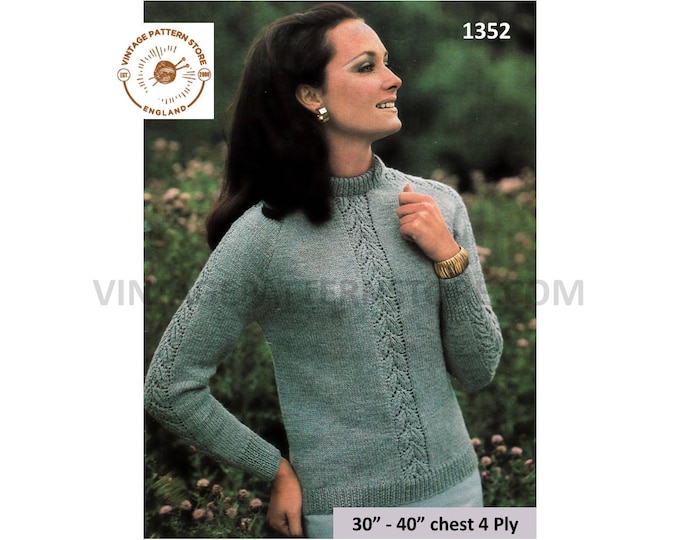 Ladies Womens 70s vintage 4 ply crew neck lacy lace panel DK raglan sweater jumper pdf knitting pattern 30" to 40" bust PDF Download 1352