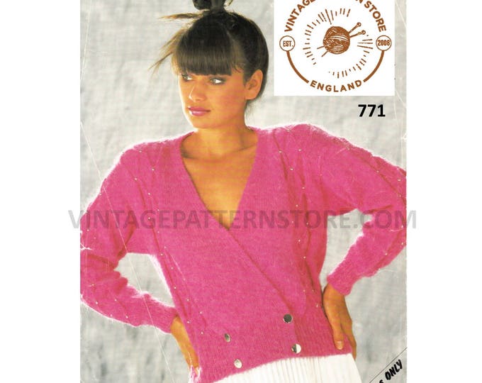 Ladies Womens 90s V neck beaded crossover double breasted cable panel cabled DK dolman cardigan pdf knitting pattern 30" to 40" Download 771