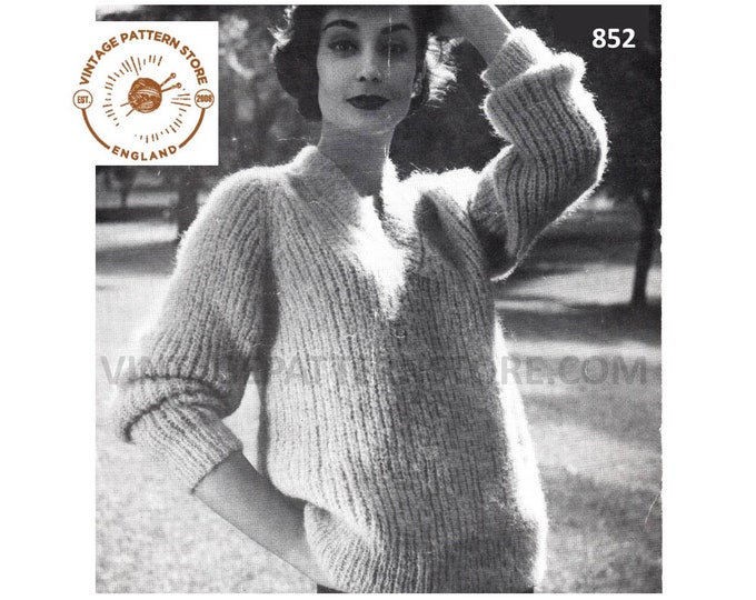 Ladies Womens 50s vintage easy to knit V neck raglan aran or mohair sweater jumper pdf knitting pattern 34" to 38" chest PDF download 852