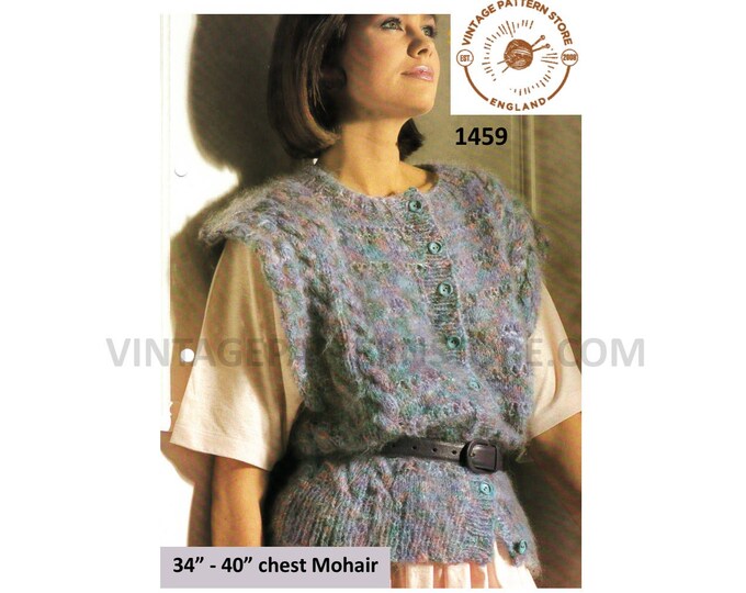 Ladies Womens 90s round neck cap sleeve cable cabled mohair waistcoat sleeveless cardigan pdf knitting pattern 34" to 40" PDF Download 1459