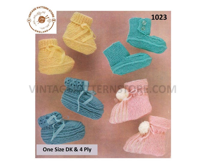 Newborn Baby Babies pom pom and lacy side buttoned & easy to knit 4 ply and DK booties bootees pdf knitting pattern Instant download 1023