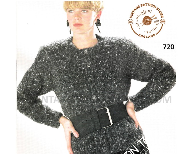 Ladies Womens 90s easy to knit round neck long & short sleeve raglan worsted cardigan sweater pdf knitting pattern 30" to 42" Download 720