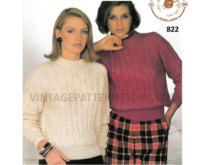 Ladies Womens 90s crew neck cable cabled raglan DK sweater jumper pdf knitting pattern 32" to 40" chest Instant PDF download 822