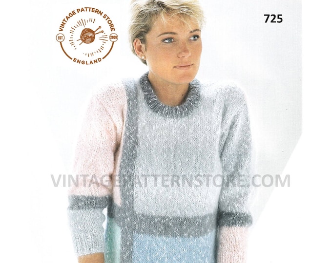 Ladies Womens 90s round neck colour blocked geometric raglan aran sweater jumper pdf knitting pattern 28" to 40" chest PDF download 725