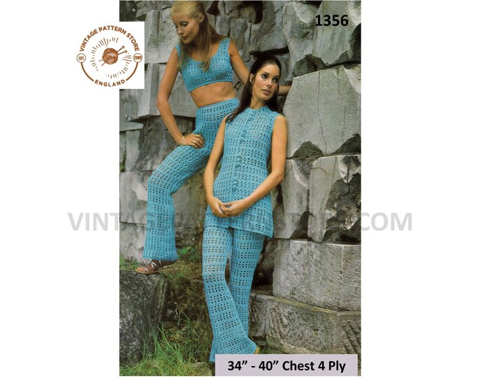 Ladies Womens 70s vintage 4 ply strappy scoop neck bikini top trousers and long line waistcoat pdf crochet pattern 34" to 40" Download 1356