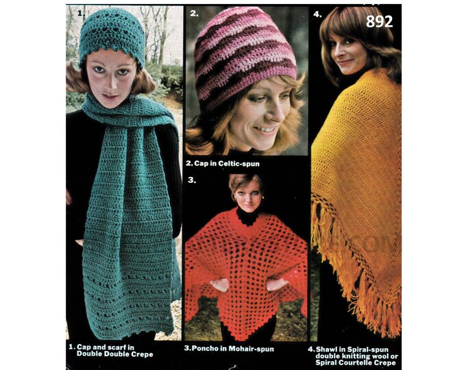 Ladies Womens 70s vintage DK 4 ply fringed shawl round neck bold lacy poncho cap hat and scarf pdf crochet pattern One size PDF Download 892