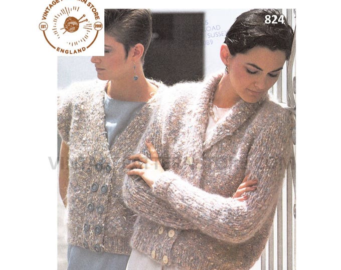 Ladies Womens 90s chunky knit V neck shawl collar double breasted raglan Summer cardigan pdf knitting pattern 30" to 40" PDF download 824