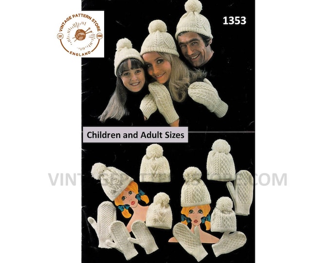 Ladies Womens Mens Boys Girls 70s Family cable cabled aran hat and mittens pdf knitting pattern 3 designs Instant PDF download 1353