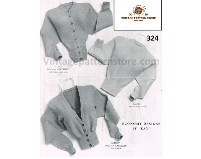 Ladies 4 ply sweater cardigan knitting pattern, Ladies Womens easy to knit 4 ply cardigan sweater pattern - 35" - 37" chest PDF Download 324