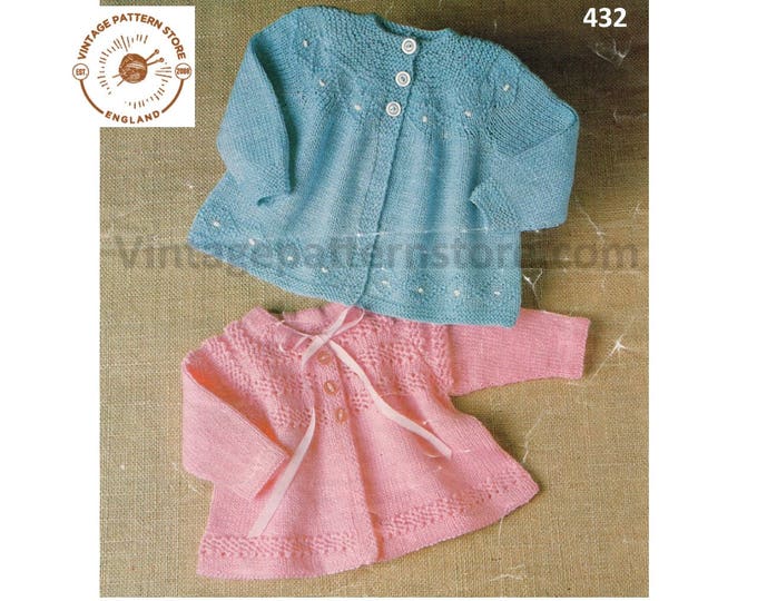 Baby Babies 80s vintage DK round neck lacy & contrast yoke yoked raglan matinee coat jacket pdf  knitting pattern 16" to 20" Download 432