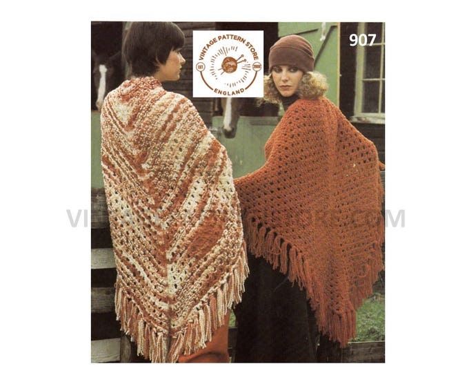 Ladies Womens 70s vintage fringed extra large chunky knit lacy lace shawl wrap pdf knitting pattern 42" drop at centre Instant download 907