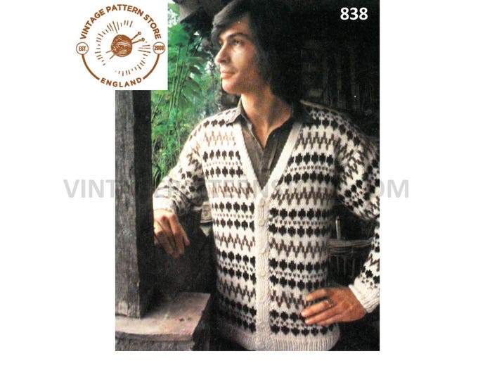 Mens Mans 70s vintage chunky knit fair isle drop shoulder raglan cardigan pdf knitting pattern 36" to 44" Instant PDF download 838