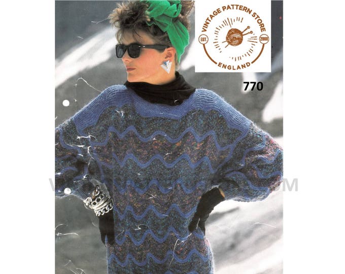 Ladies Womens 90s slash neck wavy striped long line DK dolman sweater jumper pdf knitting pattern 30" to 40" chest Instant PDF download 770