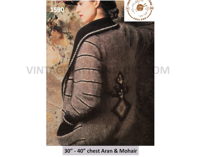 Ladies Womens 90s shawl collar intarsia motif dolman mohair and aran jacket cardigan pdf knitting pattern 30" to 40" chest Download 1590