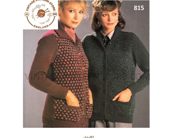 Ladies Womens 80s vintage DK & chenille round neck easy to knit and fair isle raglan cardigan pdf knitting pattern 32" to 38" Download 815