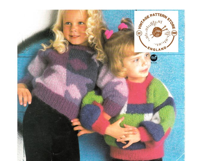 Girls 90s crew neck intarsia colour blocked & bobble trim mohair and DK sweater jumper pdf knitting pattern 21" to 27" chest Download 723