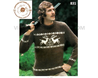 Mens Mans 70s vintage chunky knit crew neck stag reindeer Christmas raglan sweater jumper pdf knitting pattern 36" to 44" PDF Download 831