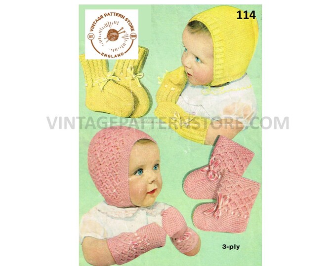 Baby Babies 70s vintage 3 ply easy knit and cable cabled mittens booties bootees & bonnet pdf knitting pattern birth to 12 mths Download 114