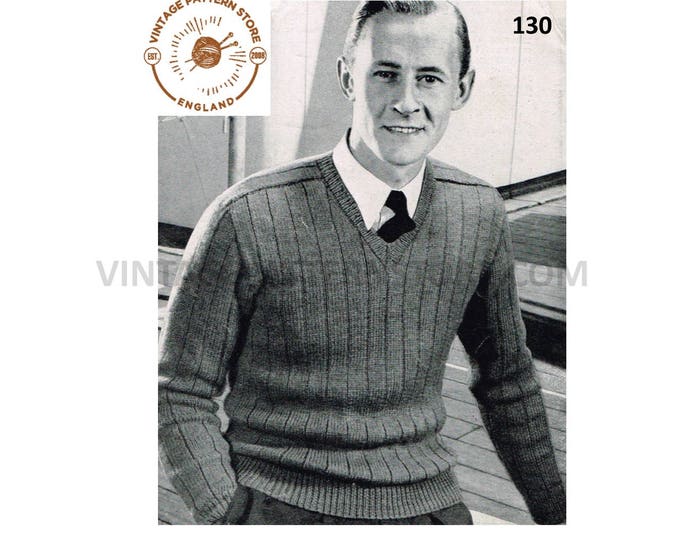 Mans Mens 50s vintage easy to knit DK or 4 ply V & round neck rib ribbed raglan sweater jumper pdf knitting pattern 38" to 42" Download 130