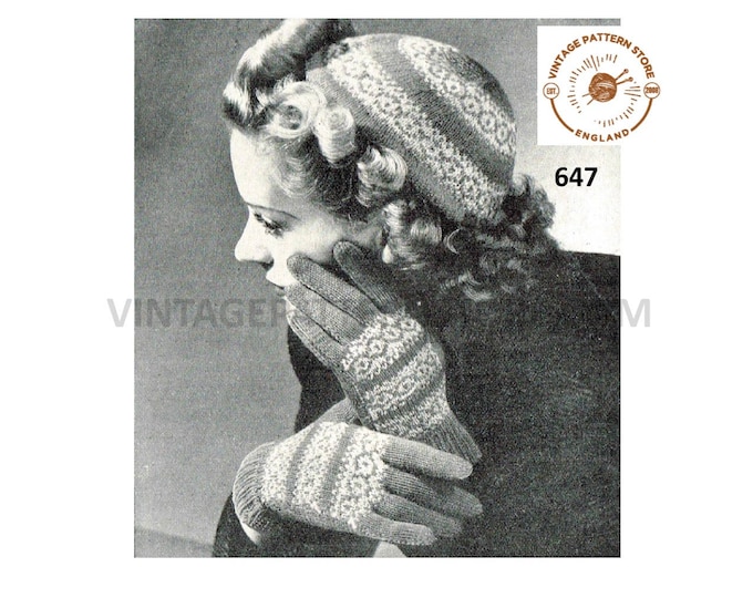 Womens Ladies 40s vintage 3 ply fair isle kippah skullcap hat cap & gloves pdf knitting pattern 6" to 6.5" palm size Download 647