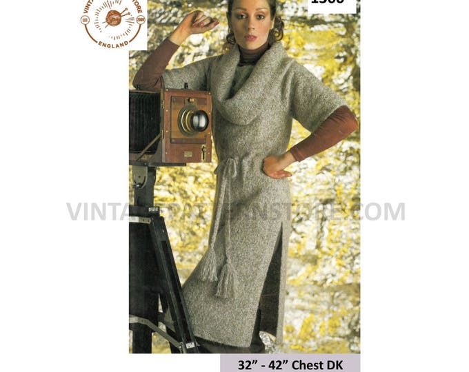 Ladies Womens 70s vintage DK cowl neck split side drawstring peplum sweater dress pdf knitting pattern 32" to42" chest Download 1366