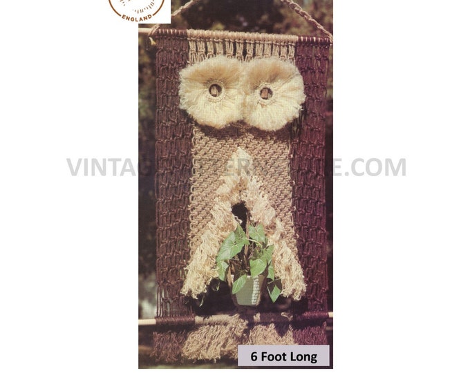 70s vintage macrame owl plant pot hanger holder pdf macrame pattern, 70s vintage retro indoor garden gardening 6 foot Long Download 3096