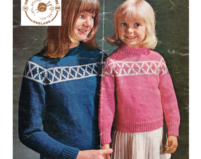 Girls 80s vintage easy to knit crew neck fair isle banded DK raglan sweater jumper pdf knitting pattern 24" to 32" chest PDF download 200
