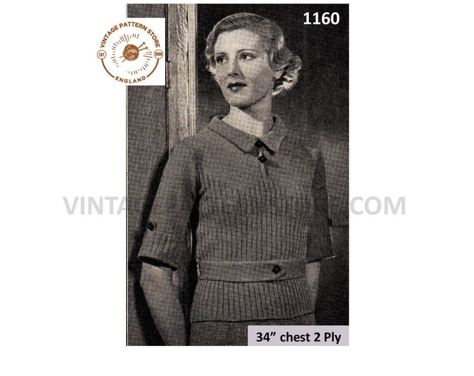 Ladies Womens 30s vintage 2 ply collared belted rib ribbed short sleeve raglan sweater jumper pdf knitting pattern 34" chest Download 1160