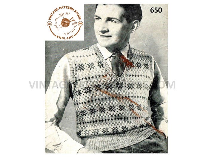 Mens Mans 40s vintage 3 ply V neck fair isle banded sleeveless sweater vest tank top pdf knitting pattern 38" chest Instant PDF download 650