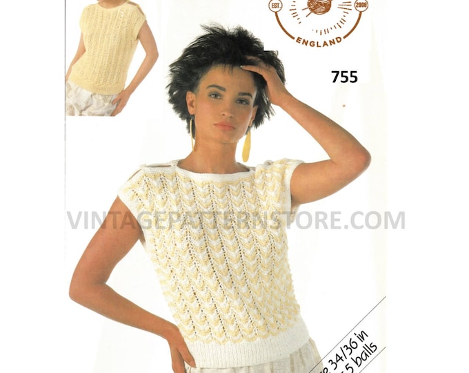 Ladies Womens 90s DK slash neck cap sleeve button shoulder slipover sweater vest Summer top pdf knitting pattern 30" to 40" PDF Download 755
