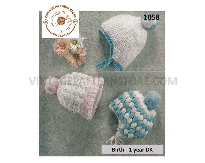 Newborn Baby Babies 70s vintage easy to crochet DK bonnet helmet hat pdf crochet pattern Instant PDF download 1058