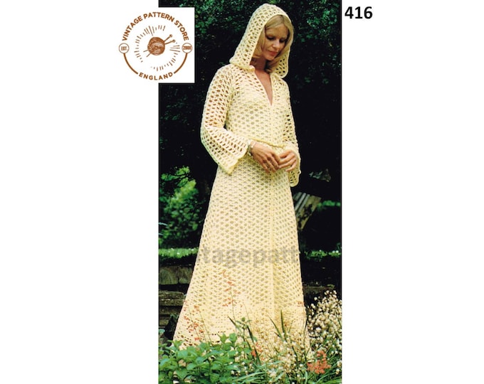 Ladies Womens 70s vintage 4 ply long line lace lacy hooded wedding evening dress gown pdf crochet pattern 32" to 38" chest pdf download 416