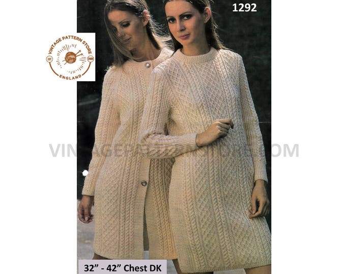 Ladies Womens 70s vintage DK cable cabled round neck raglan sweater dress & long line jacket pdf knitting pattern 32" to 42" Download 1292