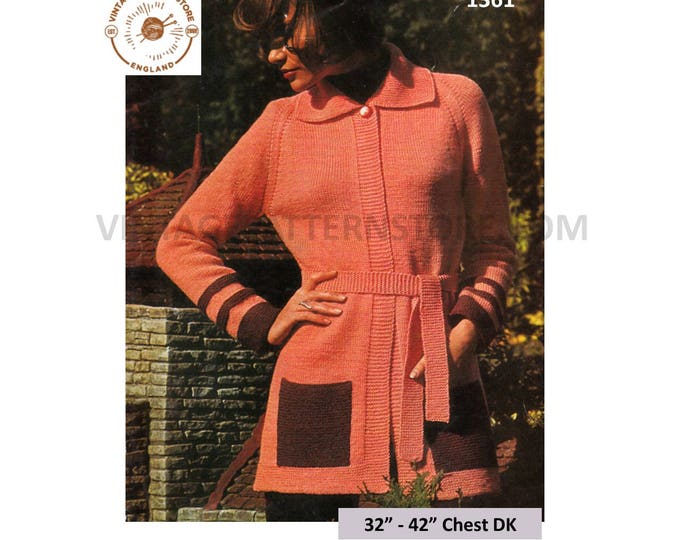 Ladies Womens 70s vintage DK round neck collared belted raglan long line cardigan jacket pdf knitting pattern 32" to 42" Download 1361