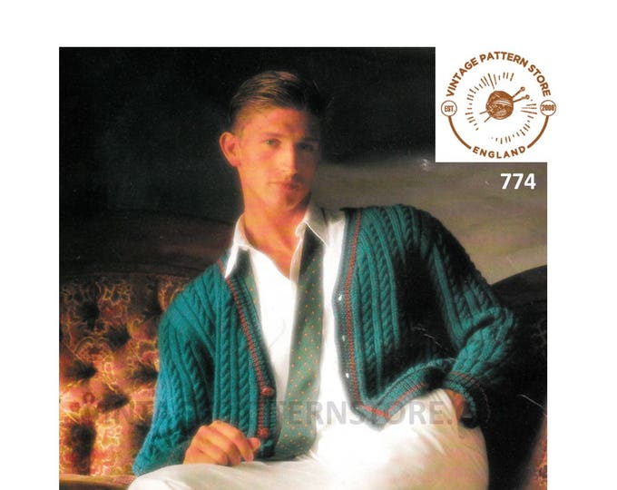Mens Mans 90s vintage DK V neck drop shoulder cable cabled raglan cardigan pdf knitting pattern 34" to 44" chest Instant PDF download 774
